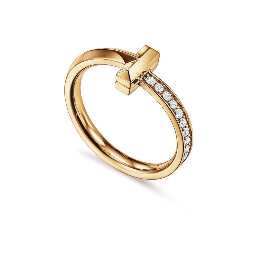 Tiffany & Co. T ring 18k Yellow Gold pave diamond ring size 6